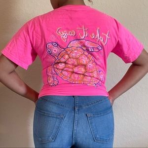(Pre-Loved) Anna Grace Neon Pink “Take It East” Glitter Turtle Cotton Tee Shirt
